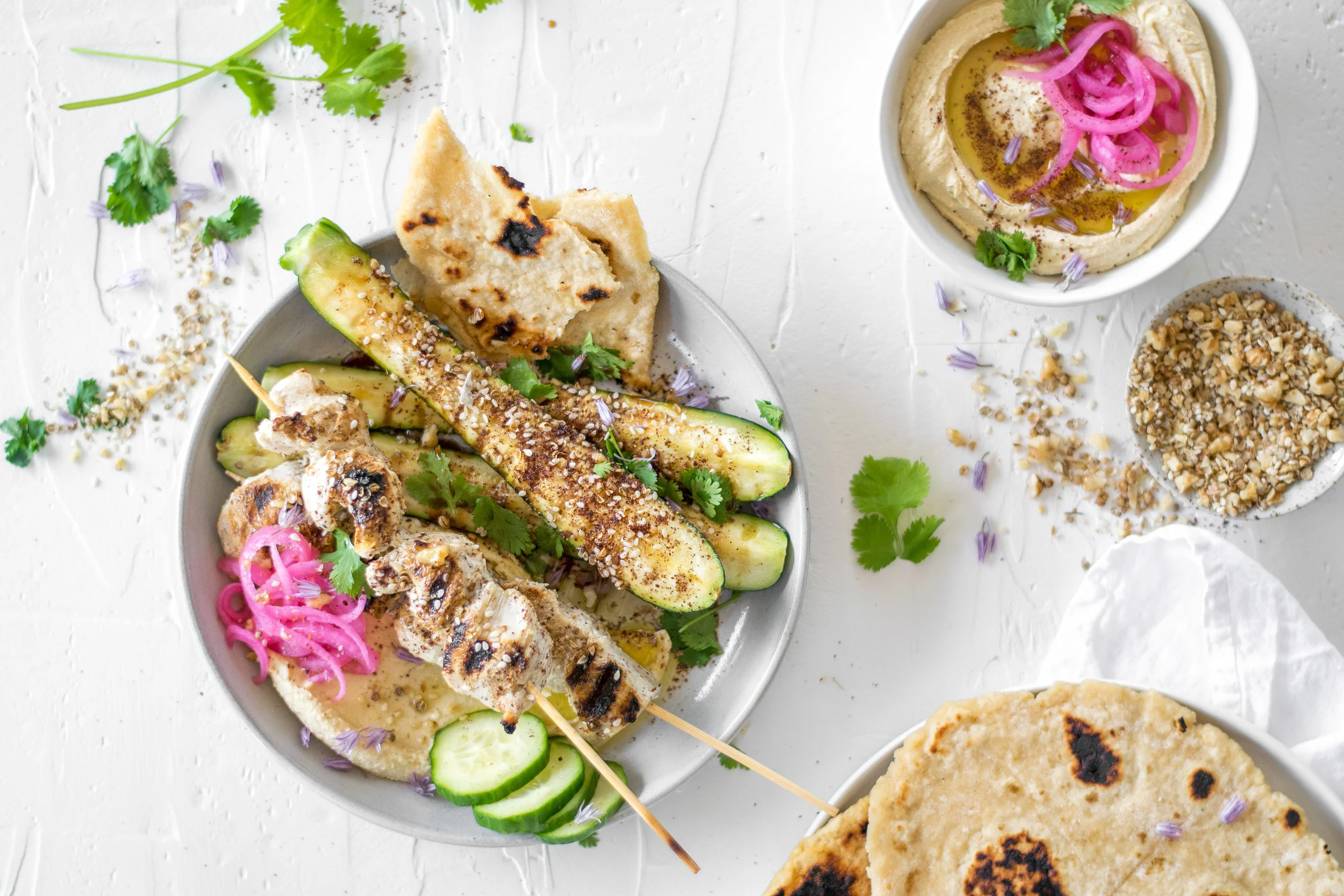 Middle-Eastern Bowls with Yogurt-Marinated Chicken Skewers and